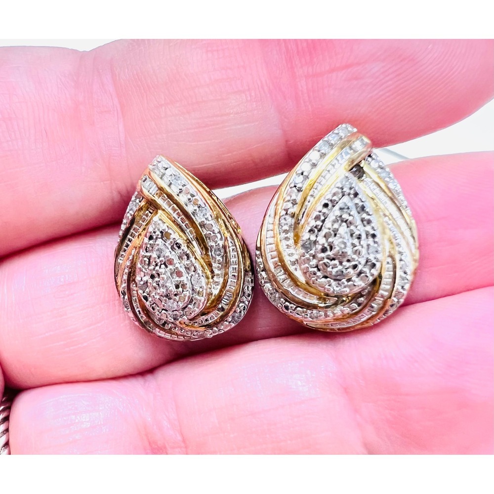 Sun Sterling Silver Diamond Accent Two Tone Teardrop Swirl Stud Earrings